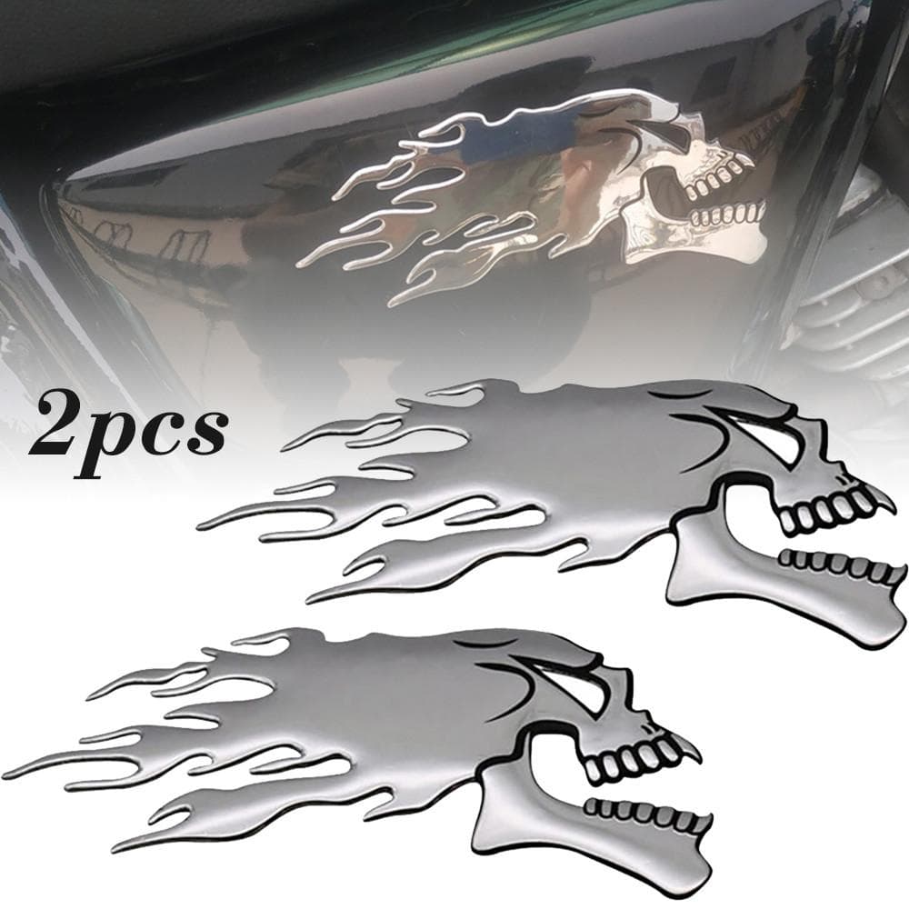 Motorbike Motorcycle Tank Car Sliver Flaming Skull 3D Gel Sticker Decal L/R Pair