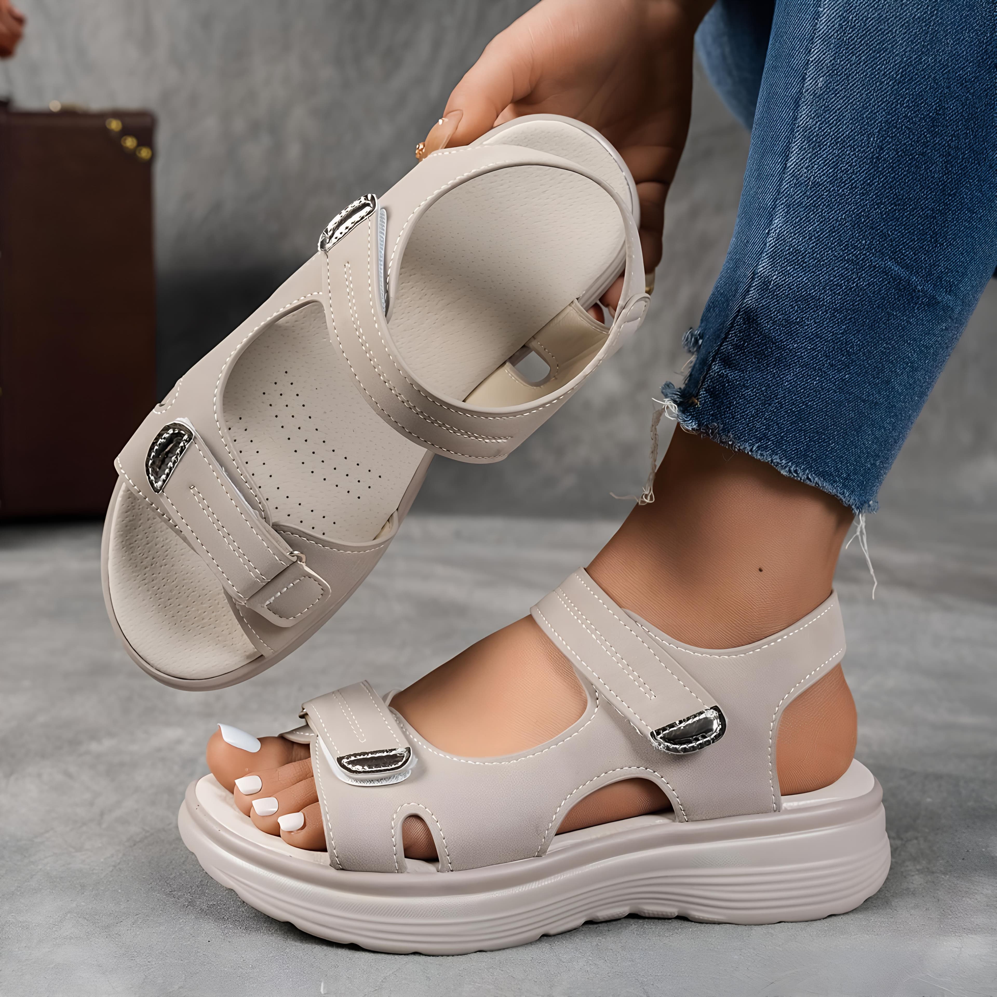 Ladies' Comfortable Wedge Sandals, Ankle Strap, Open Toe Hollow Design, Thick Rubber Sole, Casual Summer Shoes for Outdoor Relaxation 41 beige