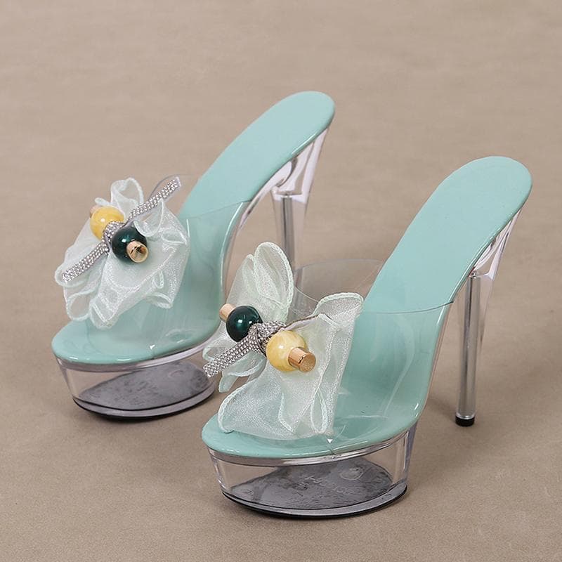 Liyke Size 35-43 Transparent Platform Slipper For Women Mesh Bowknot Open Toe Super High Heels Party Stripper Shoes Clear Sandal 35 blue