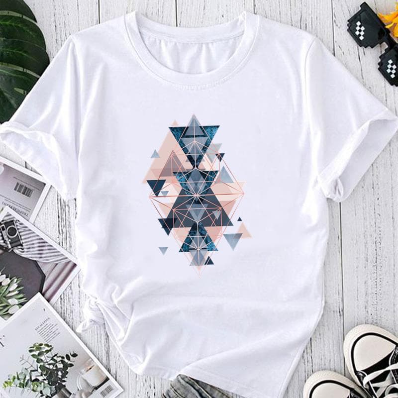 (Asian Size) Print Floral Abstract Geometric Graphic Tee Ladies Women's Summer Top Female T Clothing Casual  Fashion Short Sleeve T-shirt M
