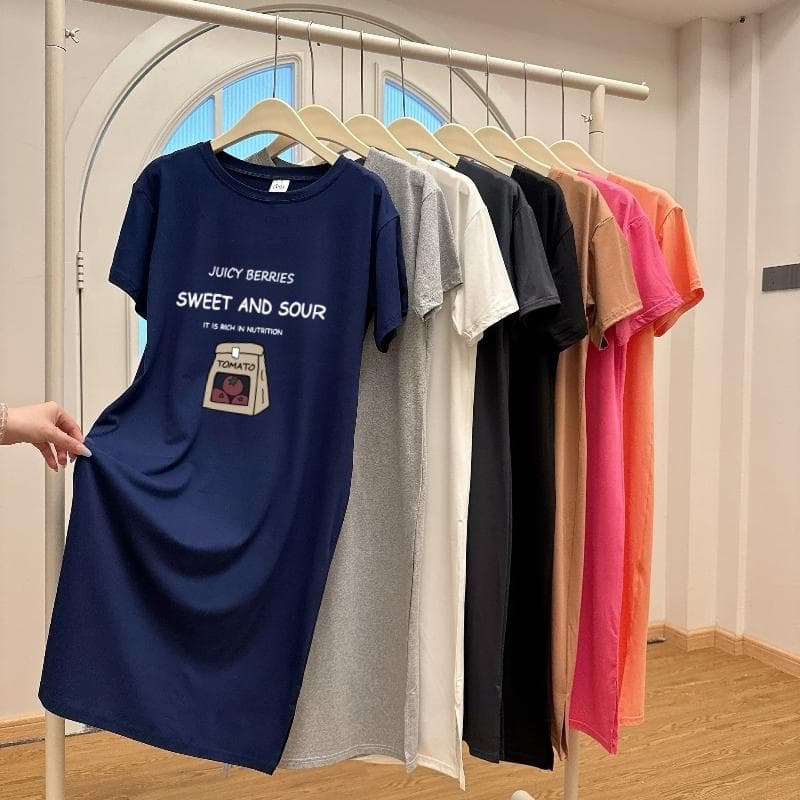 Plus Size Retro Chic Short Sleeve T-shirt Dress Women's Loose Mid-length Open Dress M Dark blue