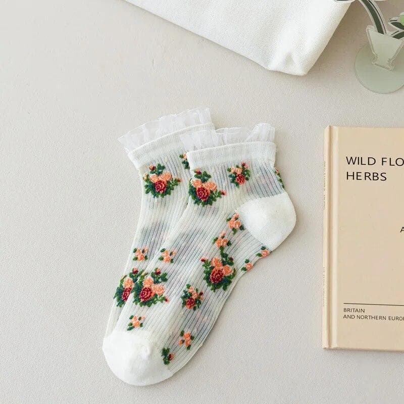 Japan Style Lace Ruffle Socks Flower Embroidery Harajuku Retro Women Short Socks Summer Ultra-thin Transparent Crystal Silk Sock One Size white