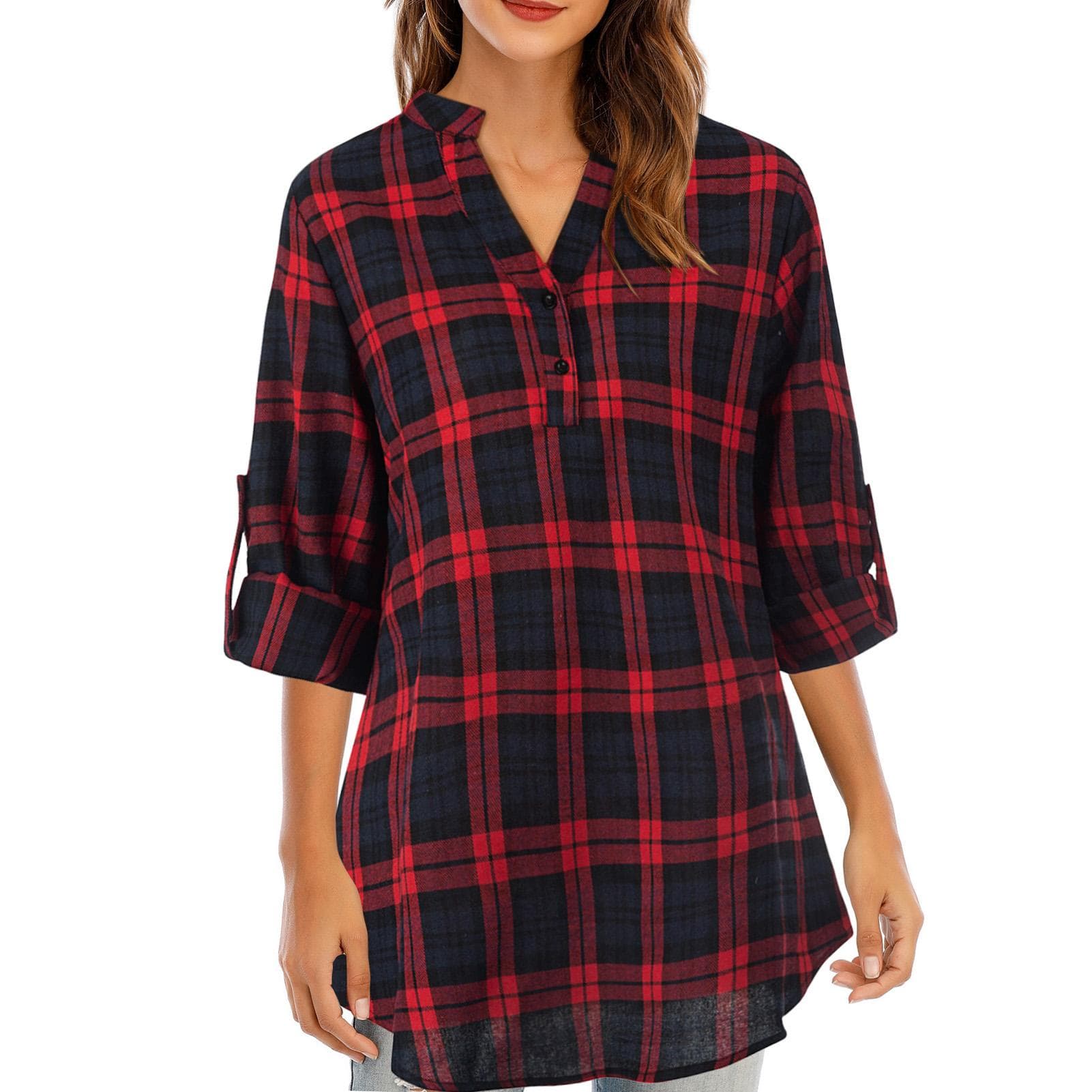 Autumn Women Plaid Tartan Shirt V-neck Buttons Pullover Cuffed Long Sleeve Loose Casual Tunic Shirt XX-Large red