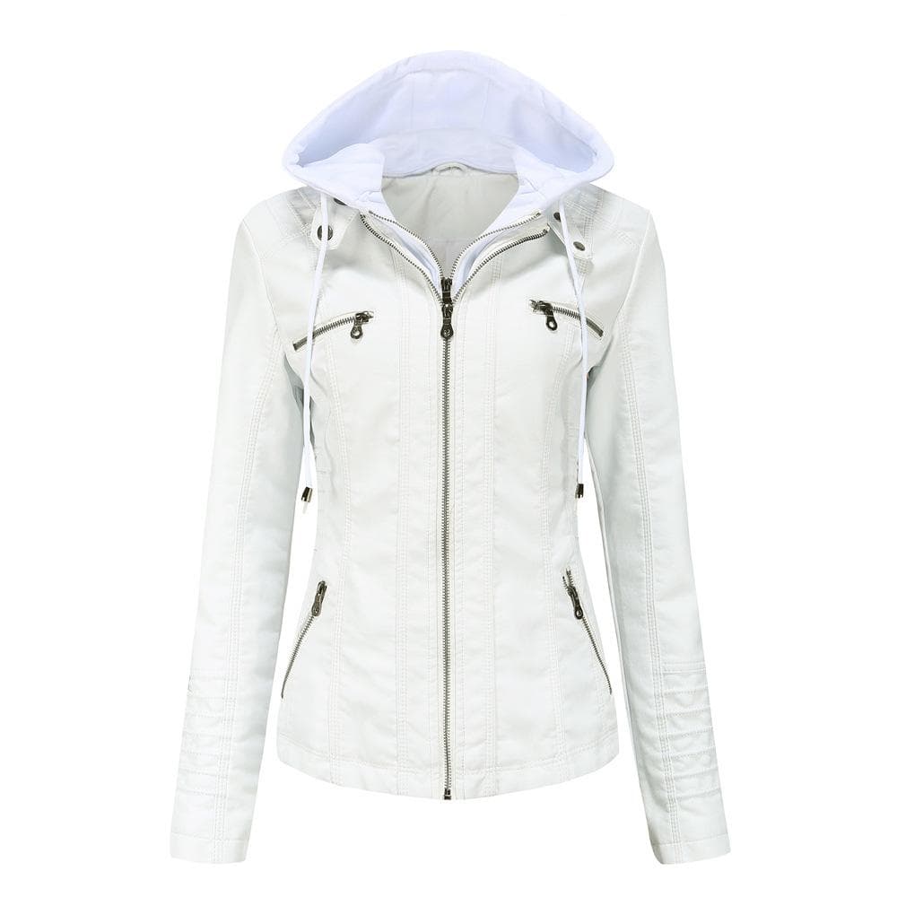 Hooded Leather Jacket Leather Jacket Women's Spring and Autumn Jacket Women's PU Washed Leather XXXXL