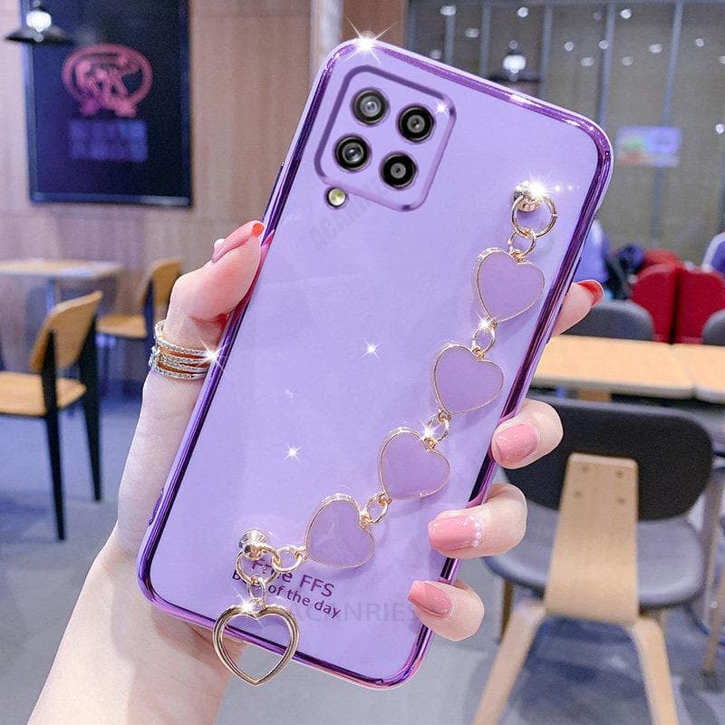 Luxury Wrist Love Heart Chain Plating Case On For Samsung Galaxy A12 A22 4g A42 A51 A71 A31 Bracelet A 12 51 71 Silicone Cover A12 purple