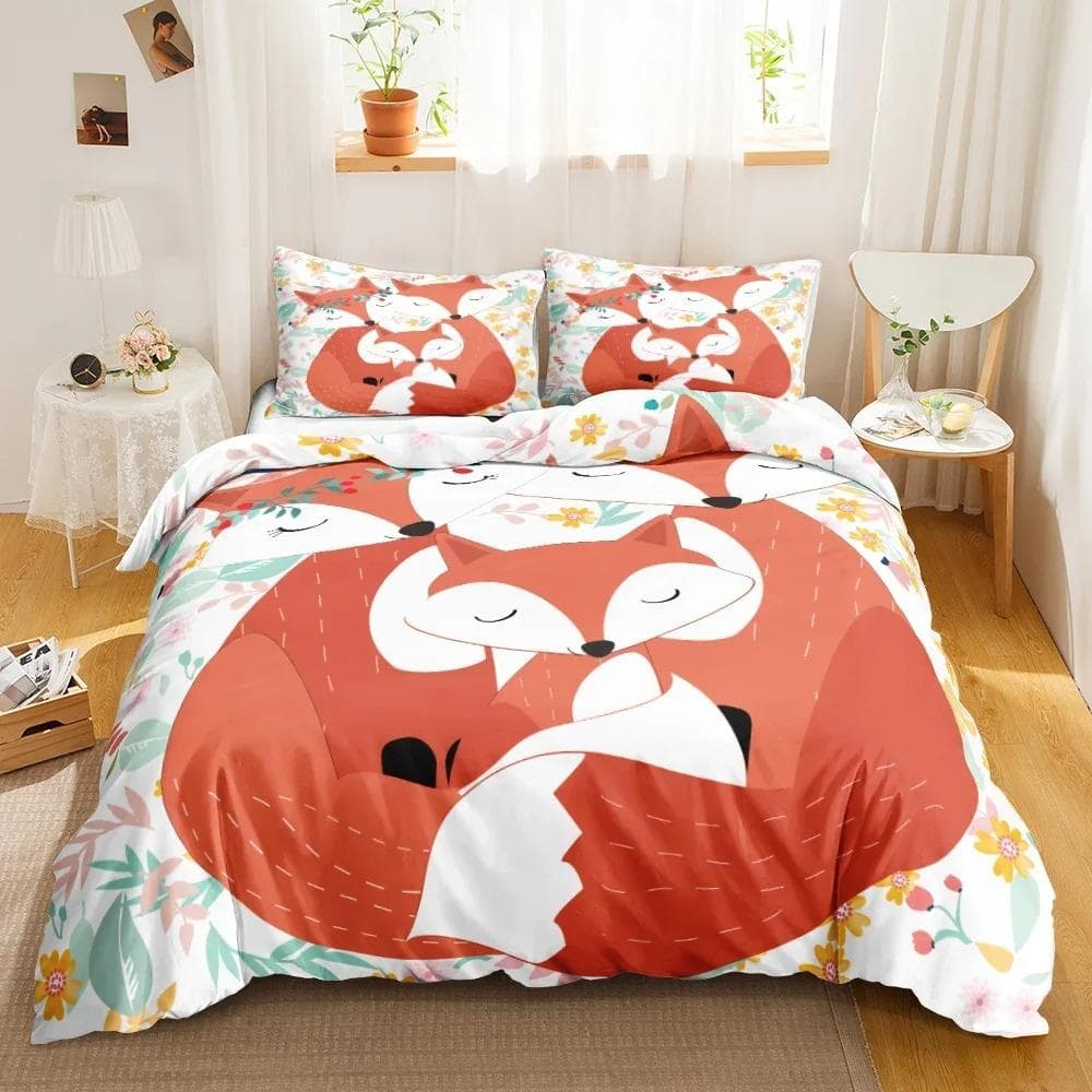 Cartoon Fox Bedding Set Cute Fox with Flower Feather Headband Duvet Cover Twin Full Queen King Polyester Duvet Cover Girls Boys 70x133cm 2pcs
