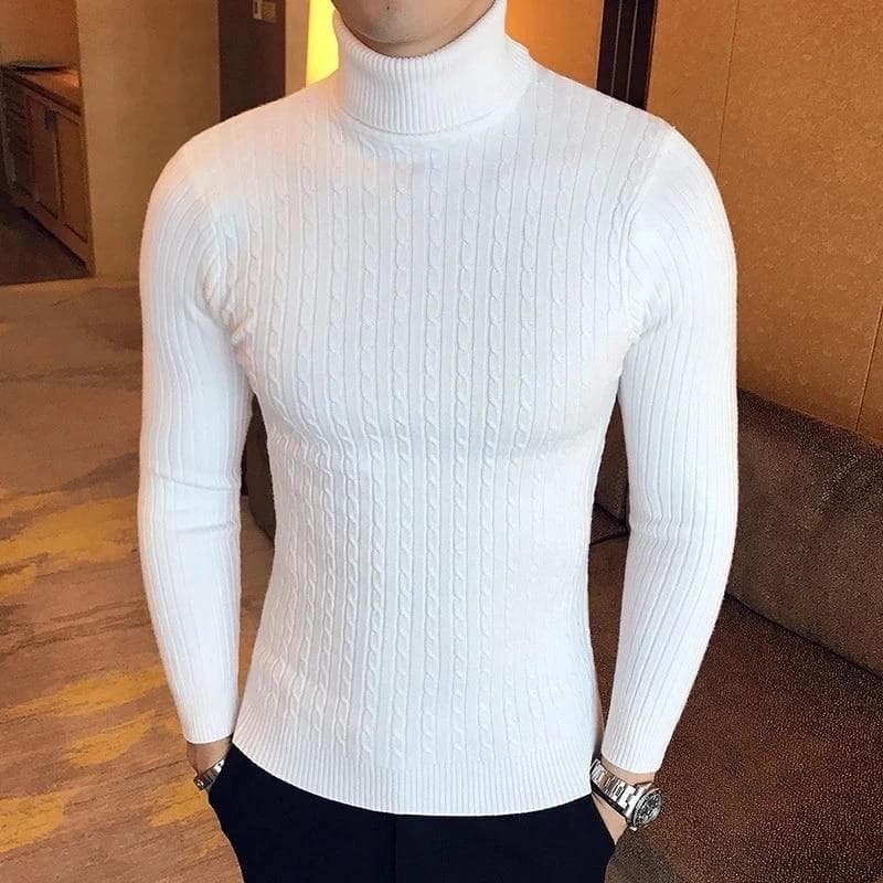Autumn Winter Turtleneck Pullovers Warm Solid Color Men's Sweater Slim Pullover men Knitted sweater Bottoming Shirt Asia XL white