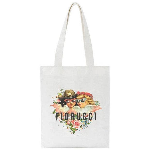 Fiorucci Letter Angel Cartoon Casual Vintage Large-capacity Fashion Harajuku Canvas Bag Hip Hop Shopping Bag Women Shoulder Bags 34*42cm