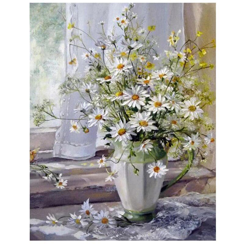 Diamond Painting White Daisy Flowers Embroidery Full Round Diamond Mosaic Picture Art Wall Sticker 20X30CM