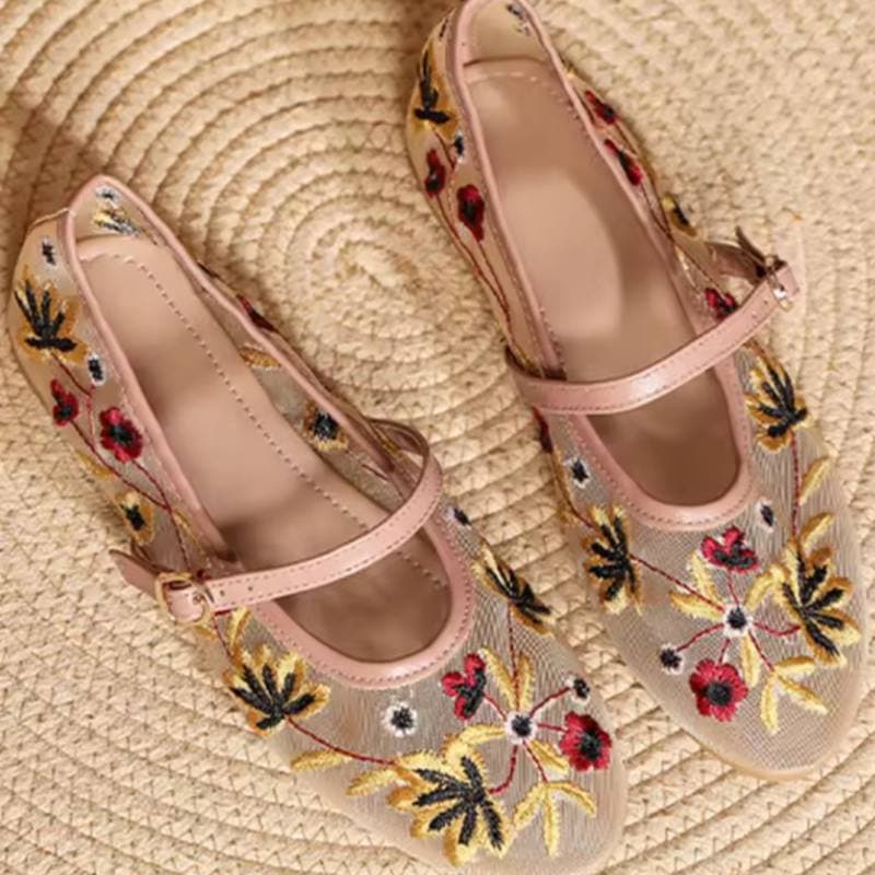 Floral Embroider Mesh Mary Janes Shoes Women Trasparent Elegant Flats Shoes Ladies Casual Summer Breathable Loafers Footwear 39 beige