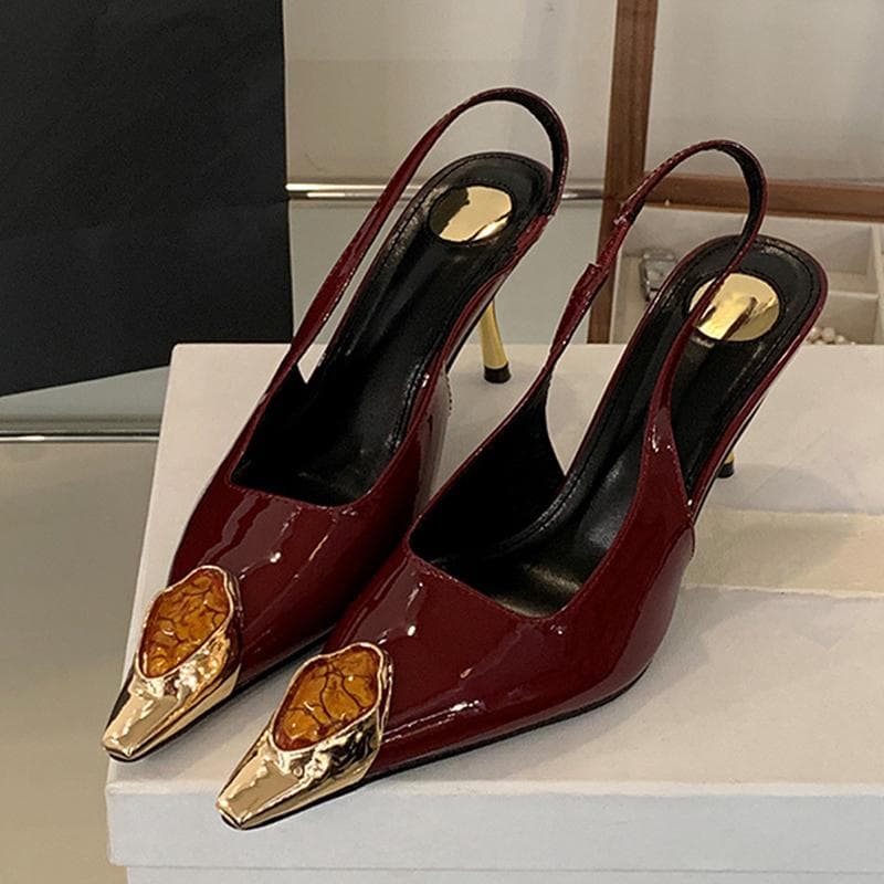 Liyke Fashion Design Inlay Gems Pointed Toe Patent Leather Sexy Slingback Sandals Women Pumps High Heels Wedding Banquet Shoes 40