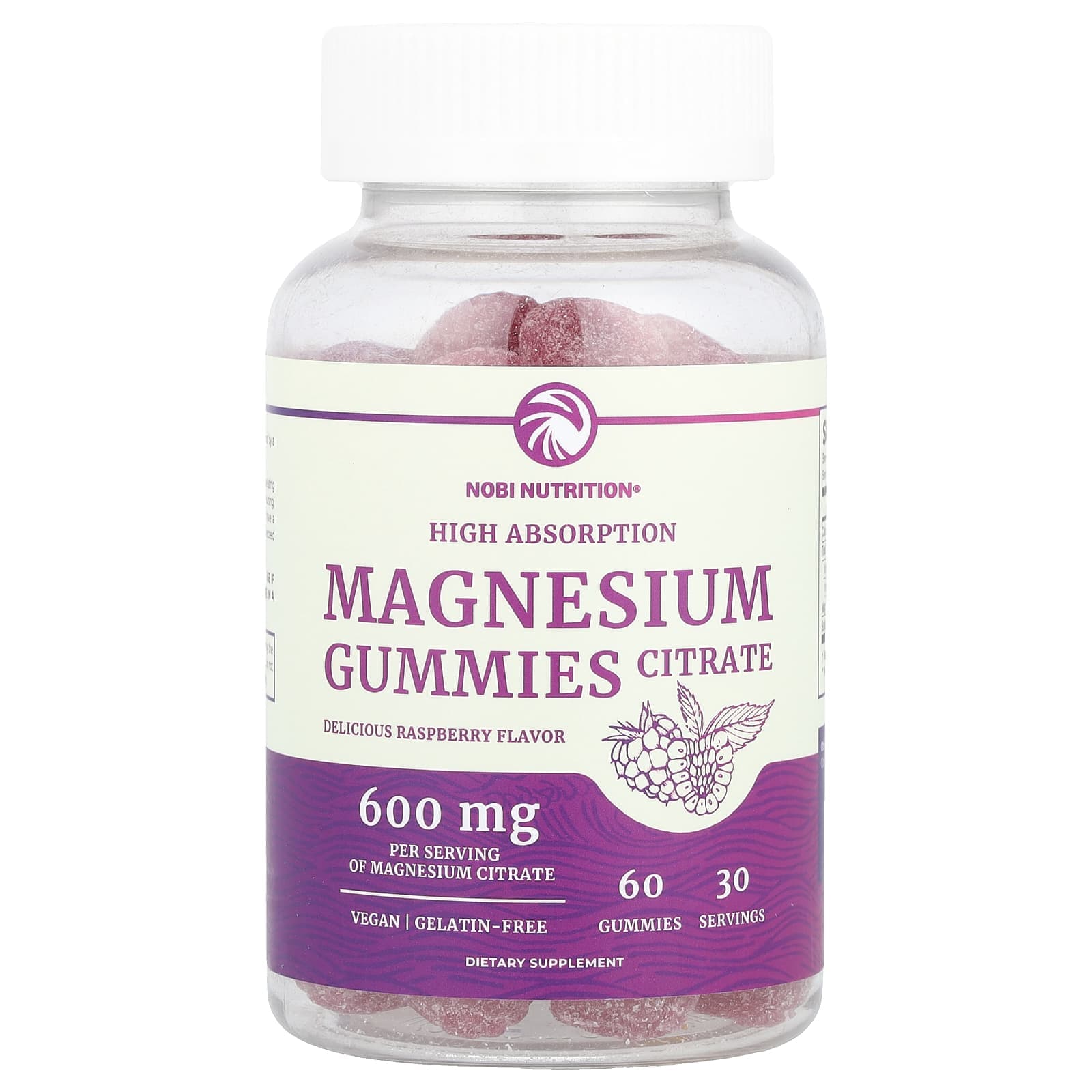Nobi Nutrition, magnesium citrate gummies, high absorption rate, raspberry, 600mg, 60 gummies (300mg per gummy)