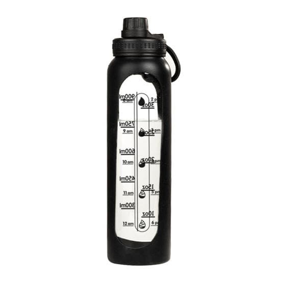 Glass Water Bottle with Silicone Sleeve Time Marker 1000ml Leakproof Borosilicate Water Cup for Sports Fitness Office BPA-Free Drinks Gift Idea black