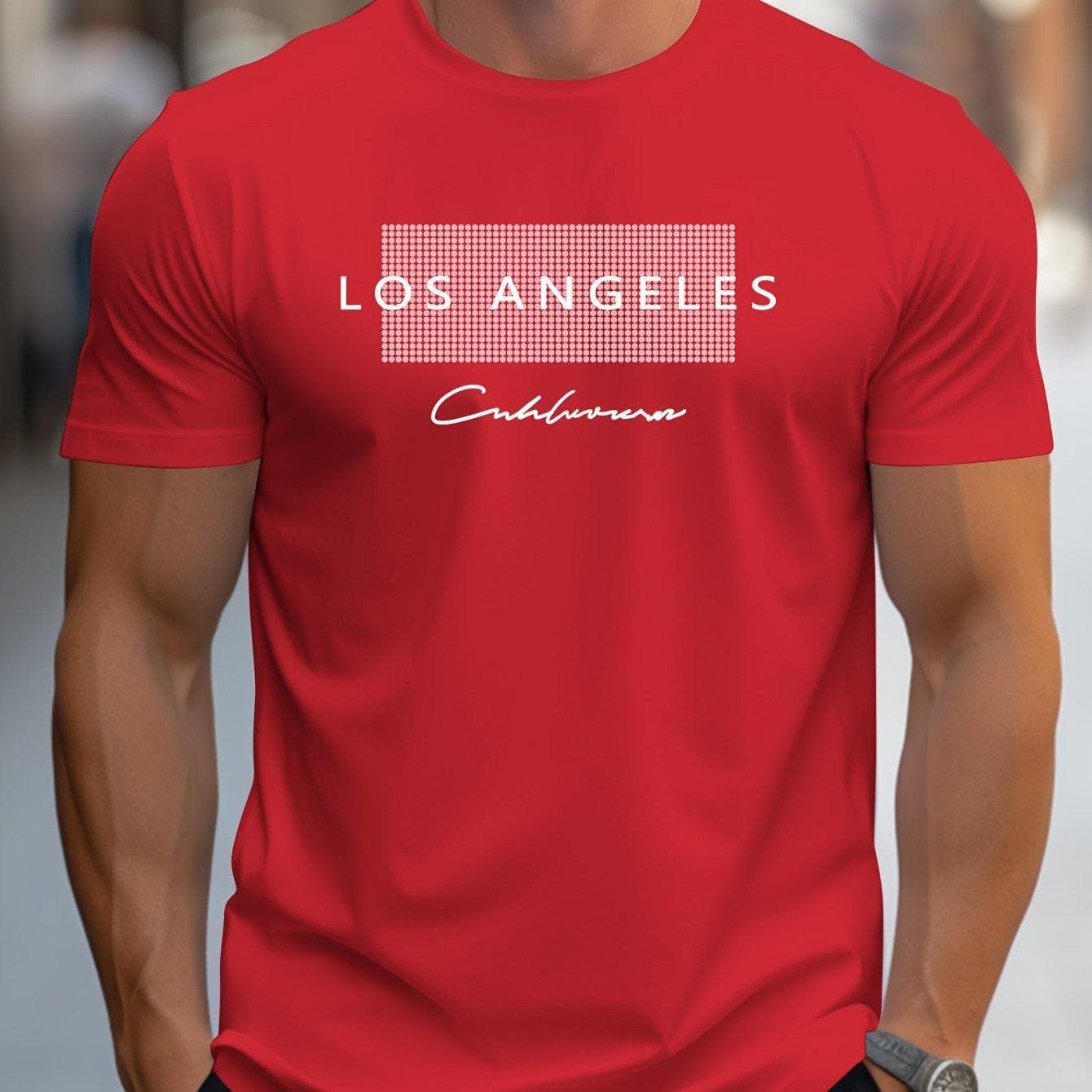 Men's 100% cotton summer loose fit large Los Angeles Graphic printed slim fit casual sports round neck short sleeved T-shirt top M