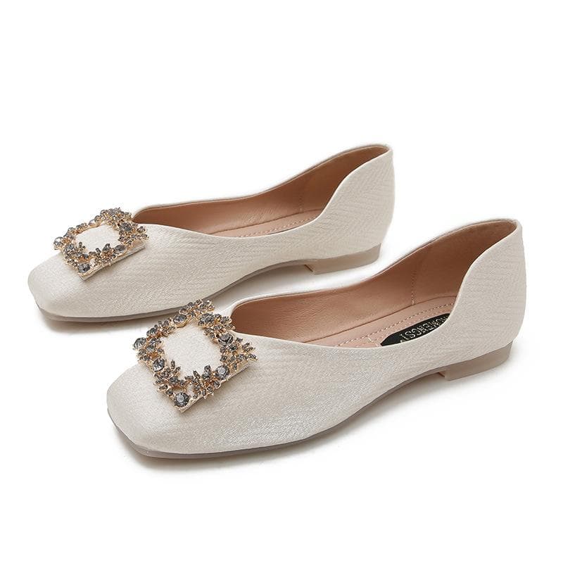 New Autumn Temperament Rhinestone Square Buckle Flat Single Shoes Women's Soft Leather Soft Bottom Pregnant Women Large Size Women's Shoes 43