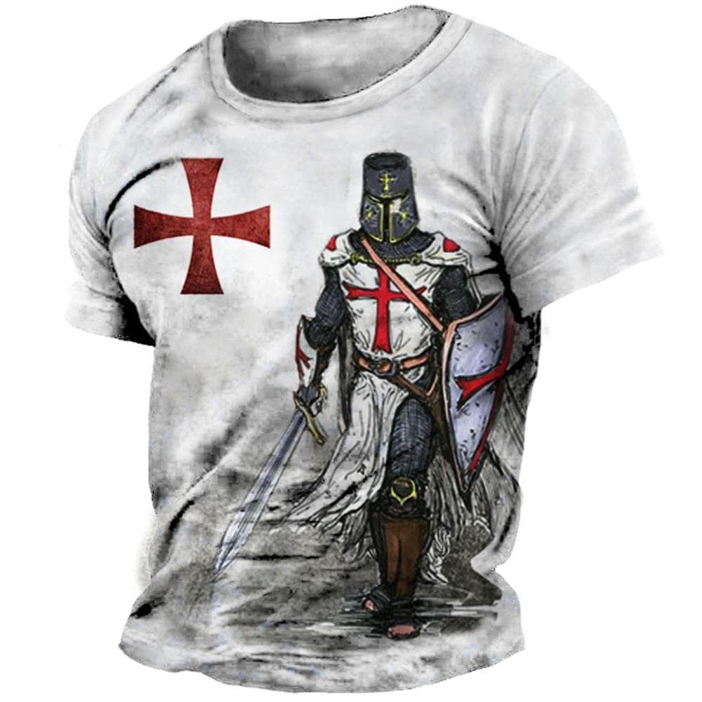 Retro Knights Templar Print Men's T-shirts Summer Loose Polyester Short Sleeve Male Tops Crusader Soldier Clothing Apparel M