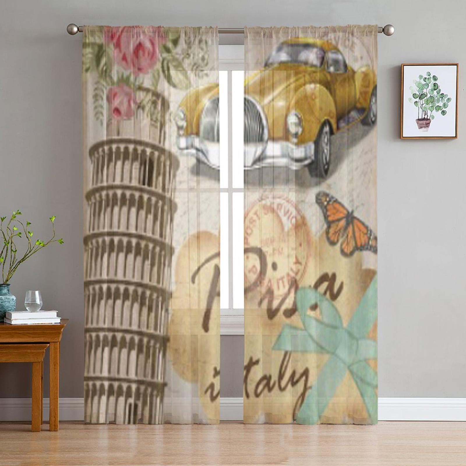 Pisa Vintage Poster Tulle Sheer Window Curtains For Living Room The Bedroom Modern Chiffon Voile Organza Curtains Decor Drapes 135W x 114H(cm)