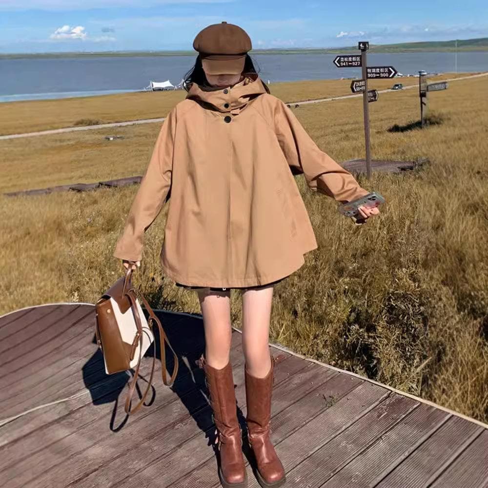 Khaki Hooded Windbreaker Short Coat Women's Autumn New Loose Casual Top Jacket XL