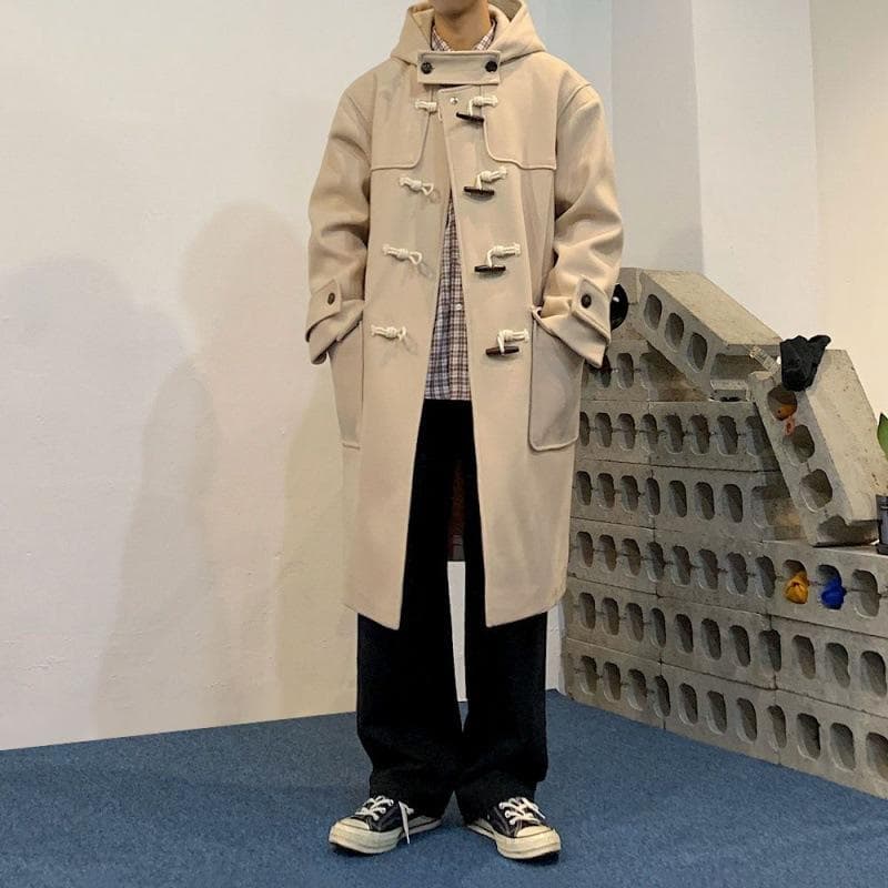 Winter Woolen Coat Men's Medium and Long Men's Trench Coat Loose Hooded Jacket L