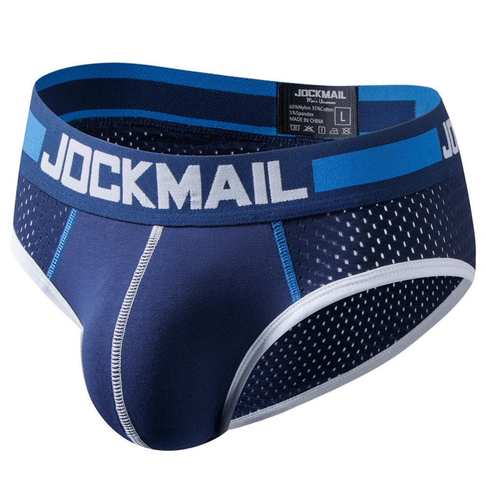 Men's Briefs JOCKMAIL Brand Sexy Low Waist Colour Blocking Design Sports Breathable Underpants Mesh Material Men's Underwear XL navy blue