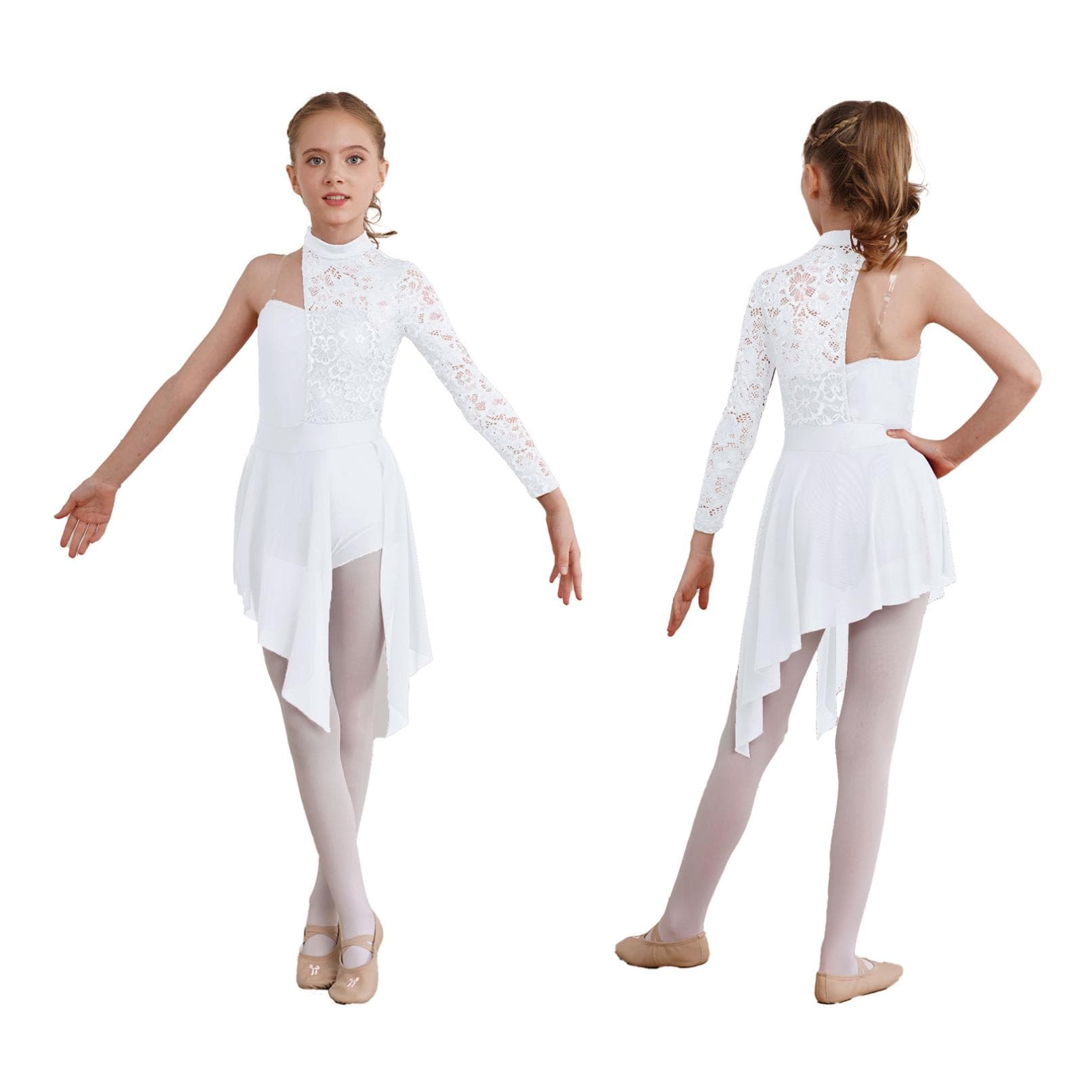 Gymnastics Leotards for Girls Asymmetrical Long Sleeve Ballet Lyrical Dance Dress Figure Skating Stage Costume 9-10 Years