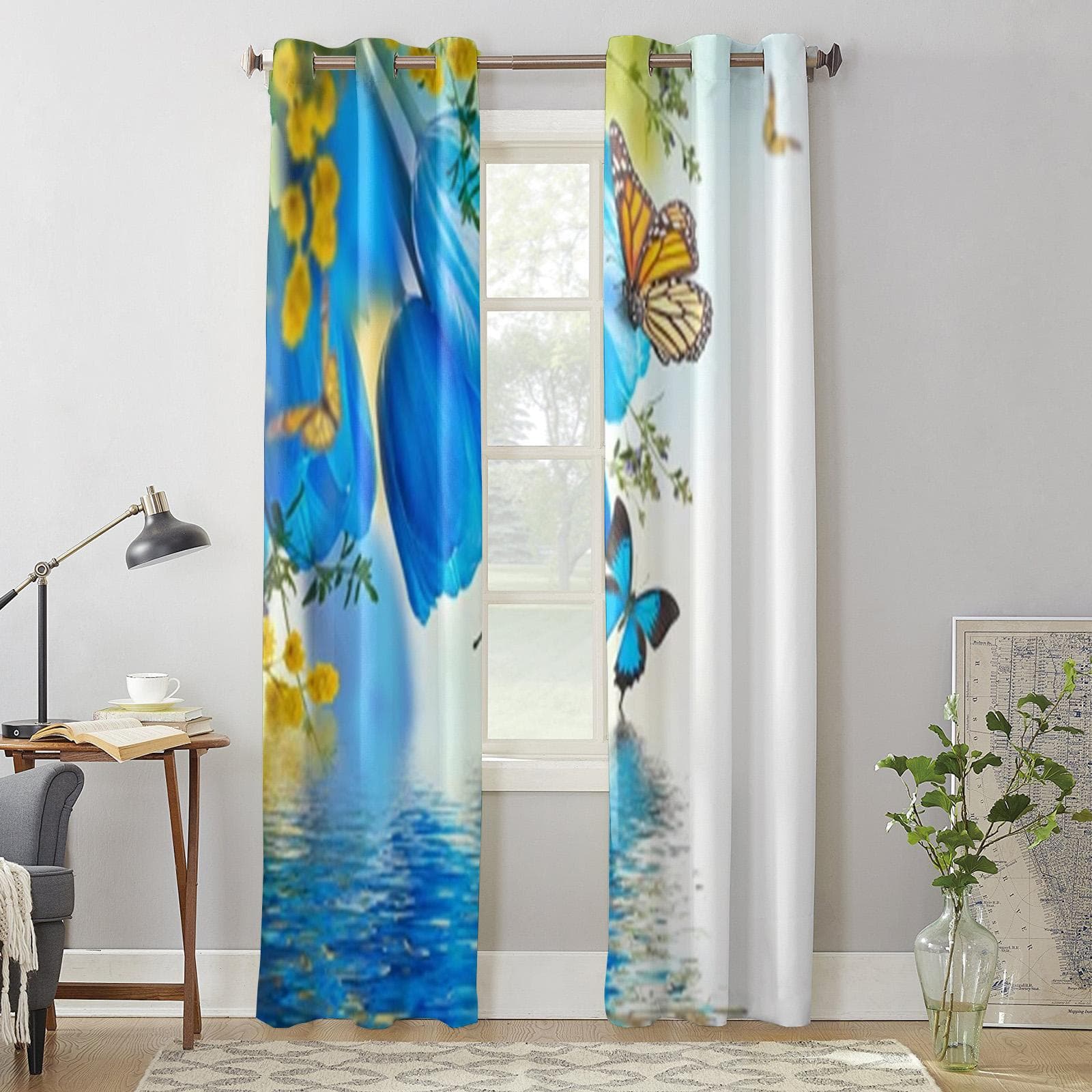 Blue Tulips And Butterfly Window Curtains For Living Room Luxury Bedroom Decor Drapes Kitchen Window Treatments Curtains 135W x 60H(cm) x1