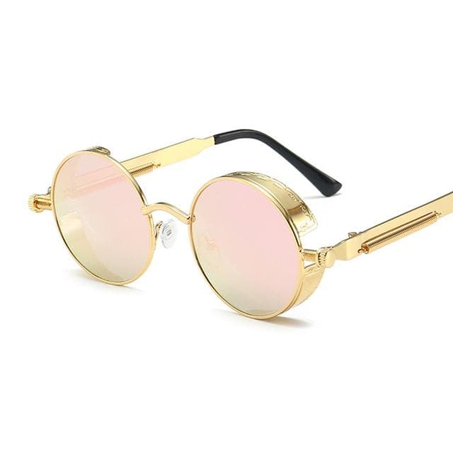 Classic Gothic Steampunk Sunglasses Men Women Vintage Round Metal Frame Sun Glasses gold/pink