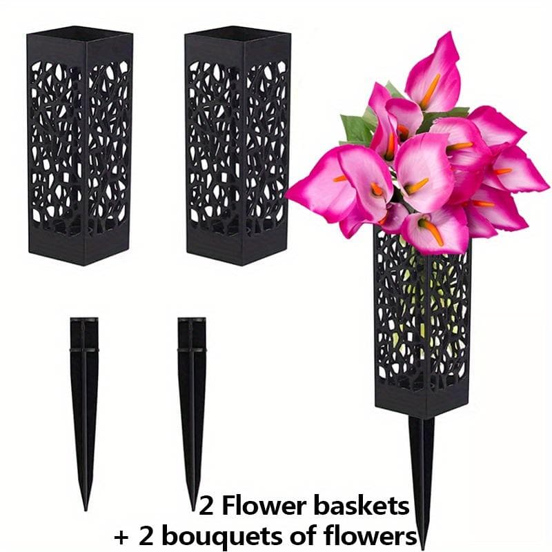 2 Bouquets of Faux Flowers and 2pcs of Patio Floor Insert Flower Baskets with Calla Lily Flower and Herb Mixes purple