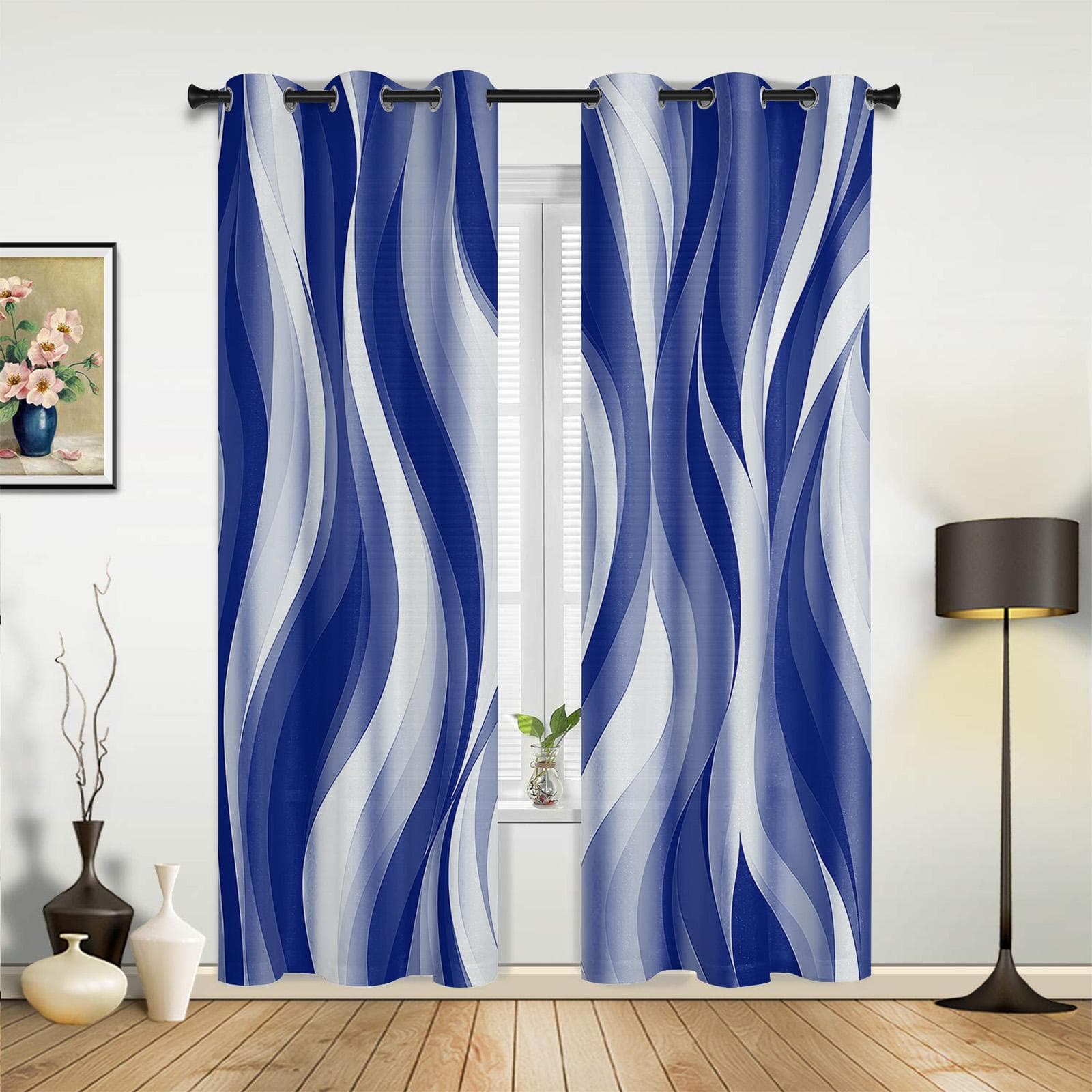 Dark Blue Wavy Abstract Lines Curtains for Bedroom Living Room Drapes Kitchen Children's Room Window Curtain Modern Home Decor 135W x 160H(cm) x1