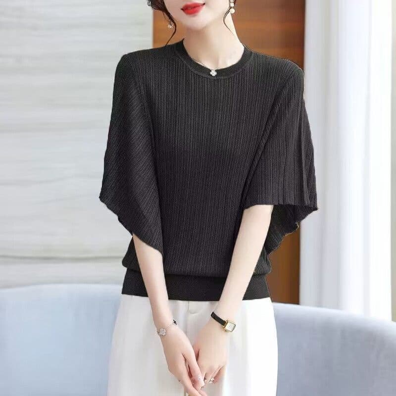 Single Piece Ice Silk Knitted Bat Shirt T-shirt for Women, Loose Large Size Thin Short Sleeve, Summer 2XL black