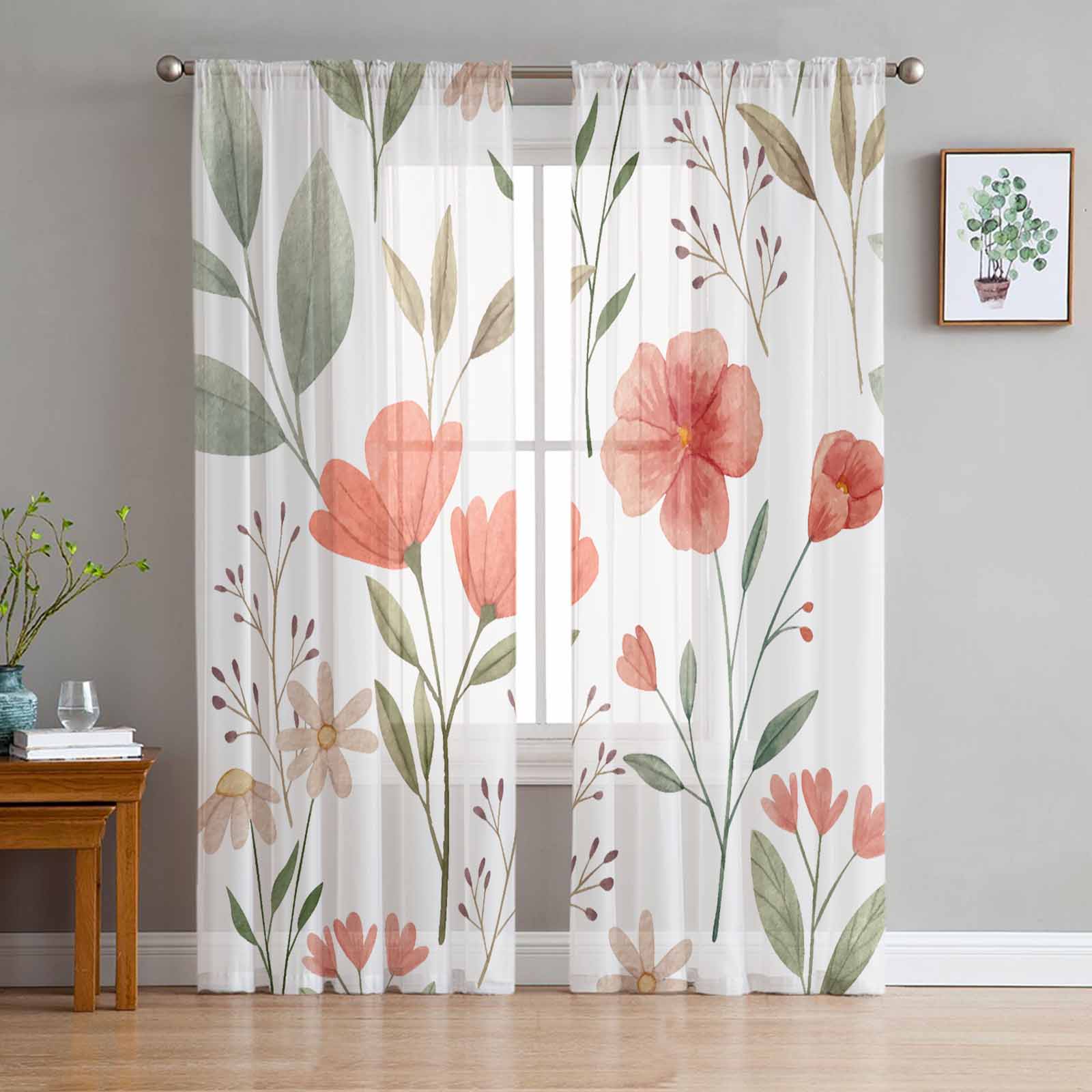Pastoral Plants Flowers Plants Watercolor Bedroom Curtains Tulle Sheer Curtain Living Room Home Decor Voile Drapes 135W x 114H(cm)