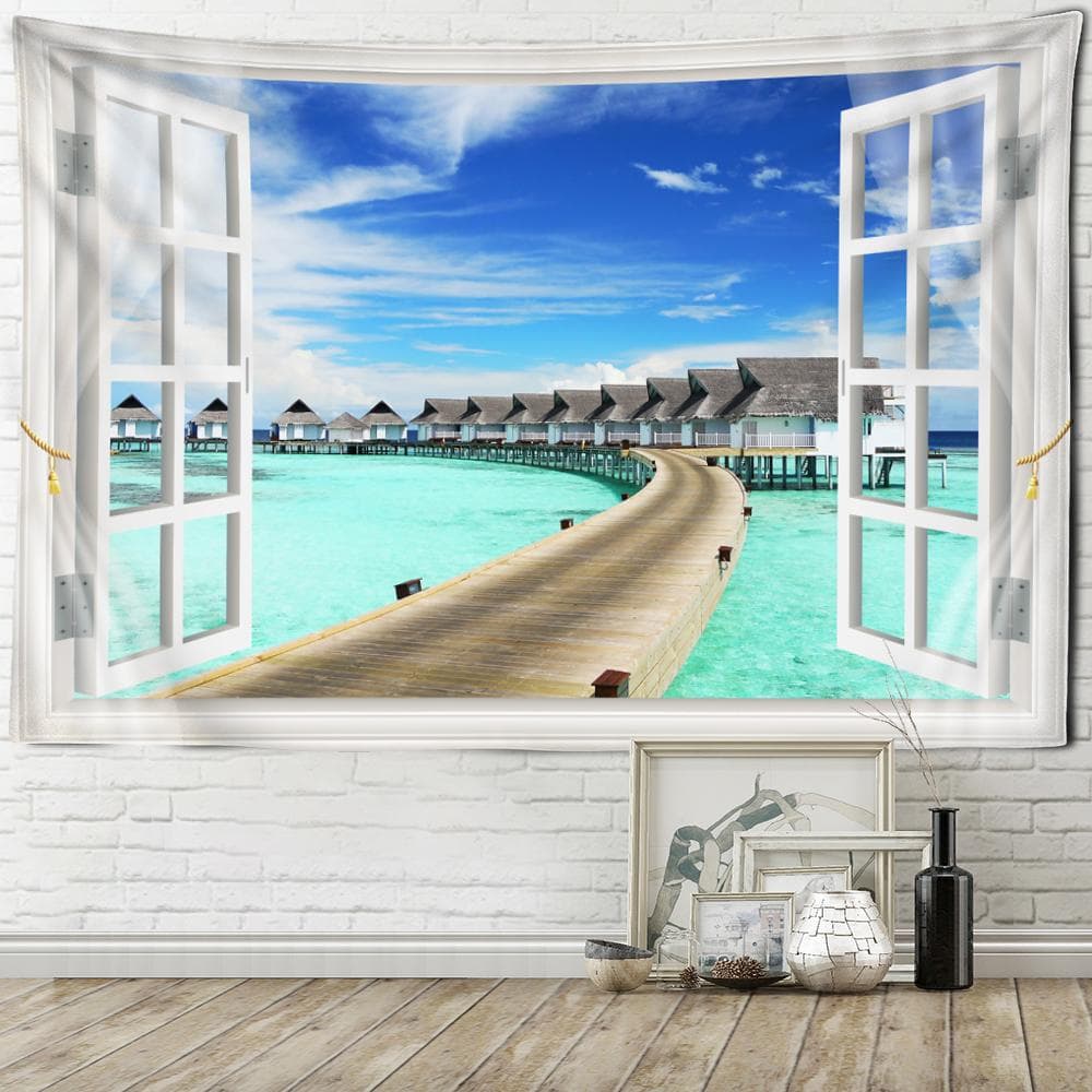 Seaside Scenery Tapestry Wall Hanging Bohemian Art Living Room Window Painting Simple Nordic Home Decor 150x150cm