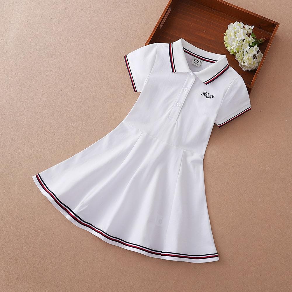 Kids Girls Sport Dresses Turn-Down Collar Summer Short Sleeve Cotton Clothing Tennis Golf Sportwear for Children 150 white