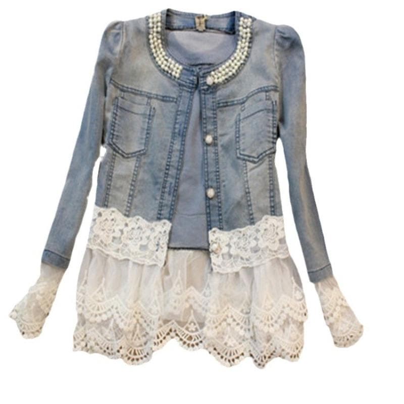 Denim Jacket Fashion Beaded Thin Splicing Denim Clothes Women M