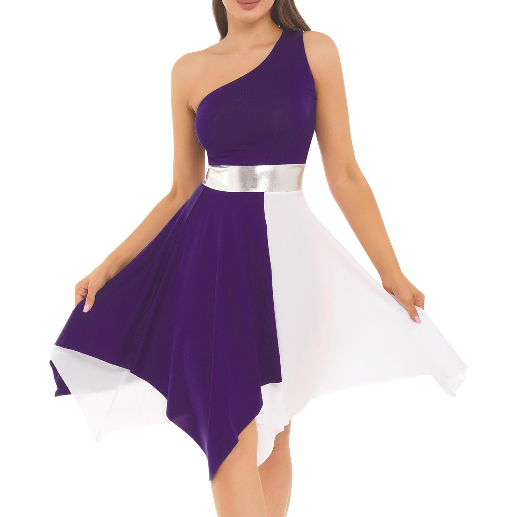 Womens One Shoulder Color Block Dance Dress Patchwork Asymmetrical Hem Sleeveless Dresses Dancewear S purple