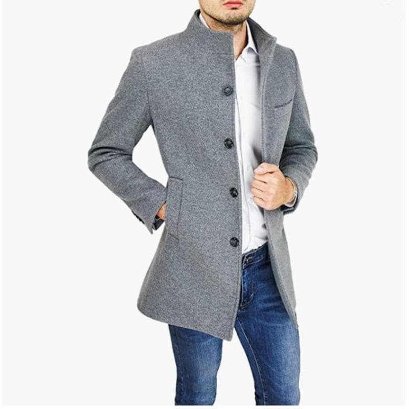 Autumn and Winter Woolen Coat, Stand Collar Coat, Windbreaker, Casual Solid Color Men's Clothing 3XL