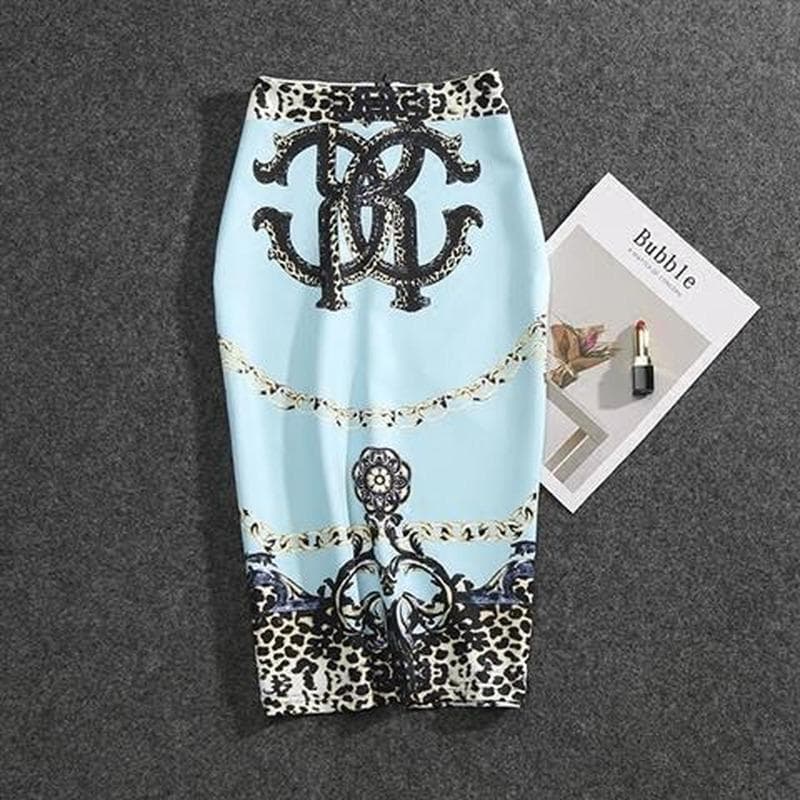 Summer Cartoon Print Elegant Pencil Skirt Women Bodycon High Waist Knee Length Skirt Female M blue