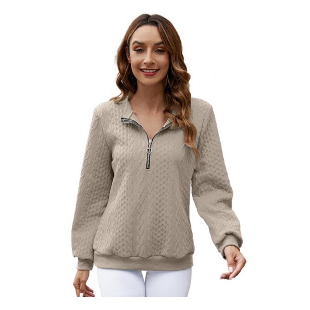 Fall Winter Women Sweatshirt Zipper Turn-down Collar Solid Color Long Sleeve Loose Twisted Texture Thick Warm Pullover Casual La S