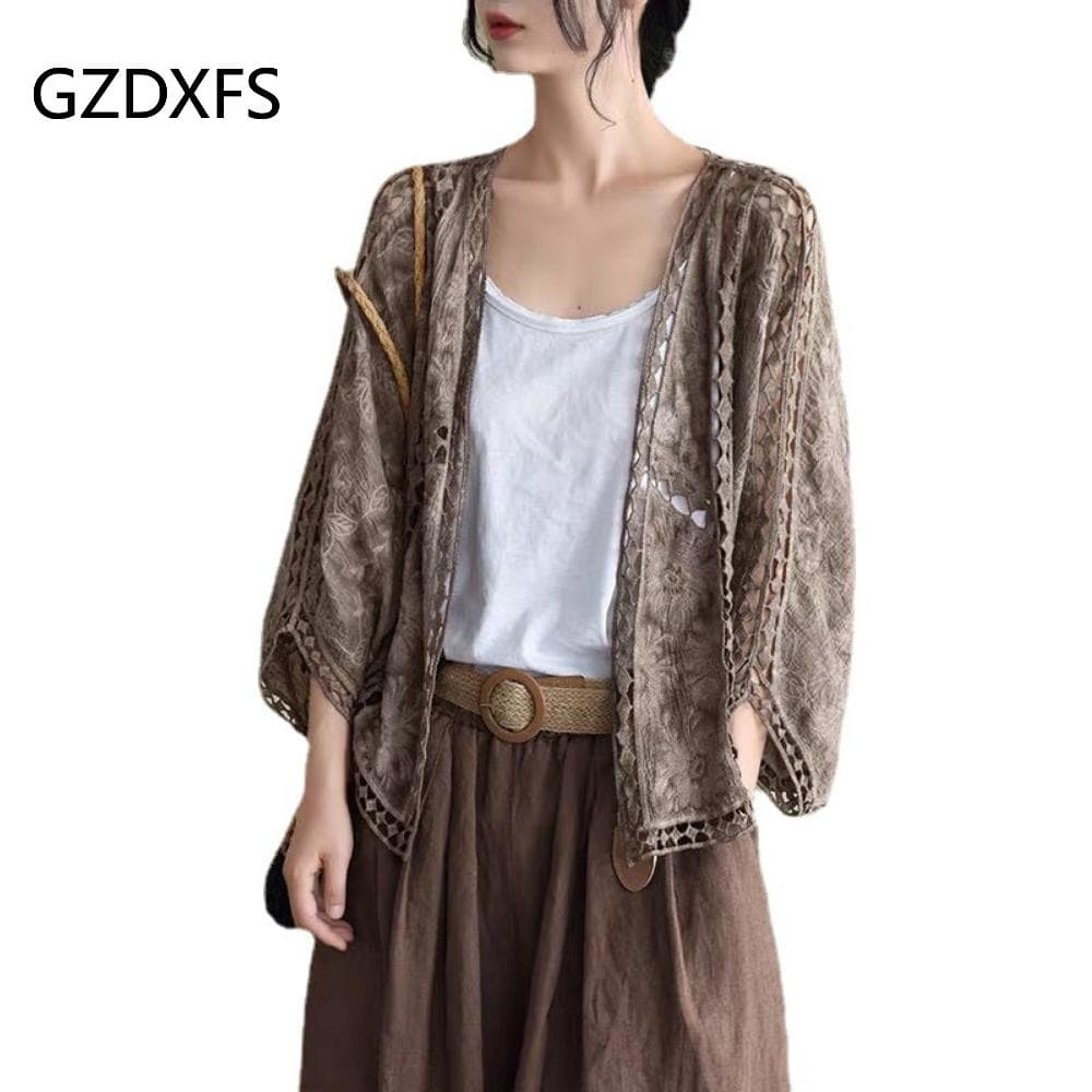 DX- MS64-Spring and Summer Cotton Embroidery Lace Cardigan Short Bat Sleeve Loose Shawl 7 Split Sleeve Air Conditioner Sunscreen Clothes Cover Female One size