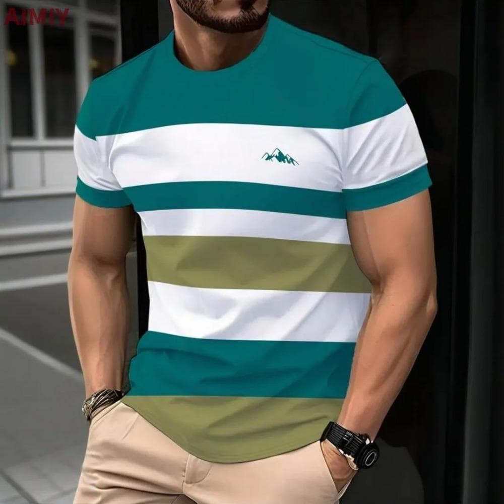 The Classic Design of Colorful Stripes and the Fashionable Style of Men's Short-sleeved T-shirts in Various Colors 3XL