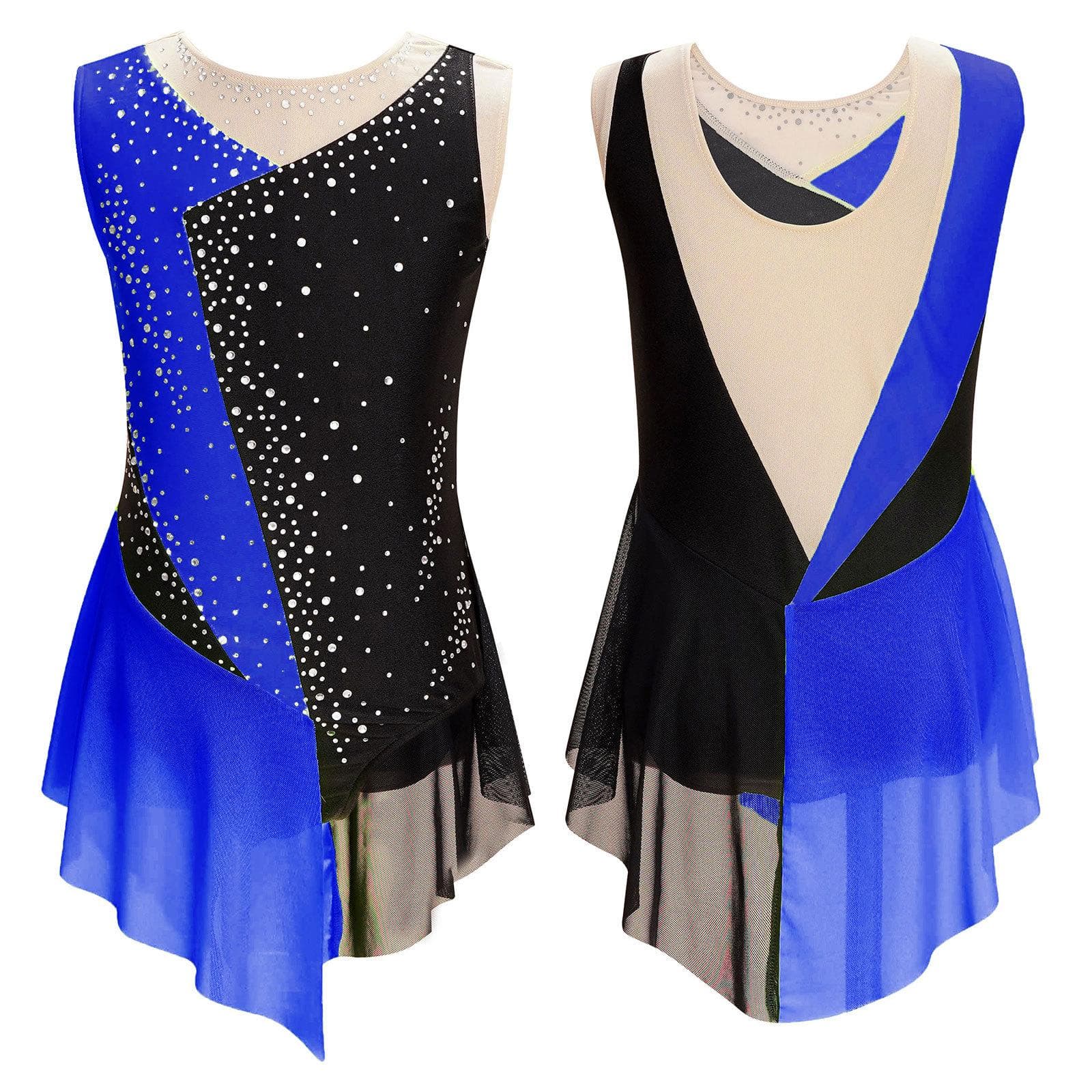 Kids Girls Shiny Rhinestone Sheer Mesh Sleeveless Bodysuit Ballet Figure Skating Gymnastics Leotard Dress 11-12 Years royal blue