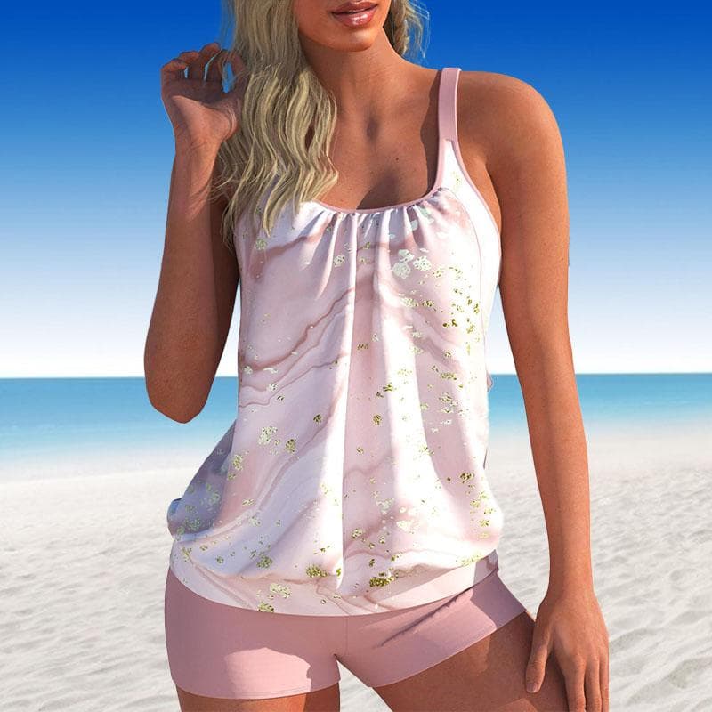 Women's Swimwear Tankini 2 Piece Swimsuit Dark Blue Granular Stripes Print Vacation Bathing Suits S light pink