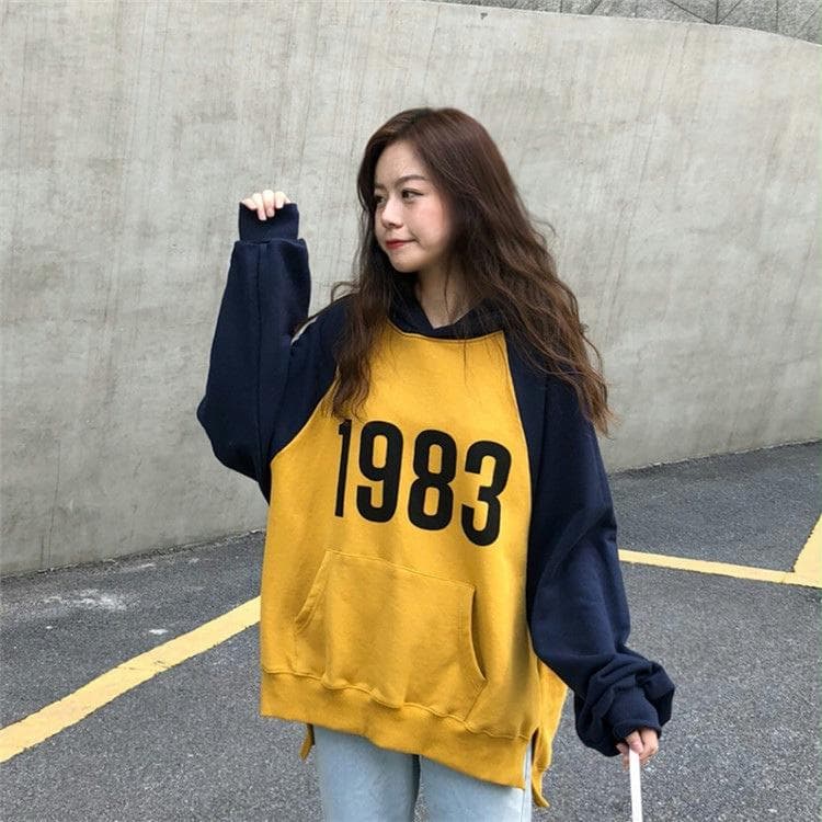 Loose Korean Style College Style Women's Clothing Contrasting Color Raboss Sleeves Hooded Pullover Plus Velvet Sweatshirt Women's Jacket 2XL yellow