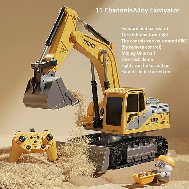 New Alloy Remote Control Excavator Toy Car with Lights Sound Effect Electric Excavator Automobile Engineering Vehicle Children Gifts Upgraded 11-channel yellow