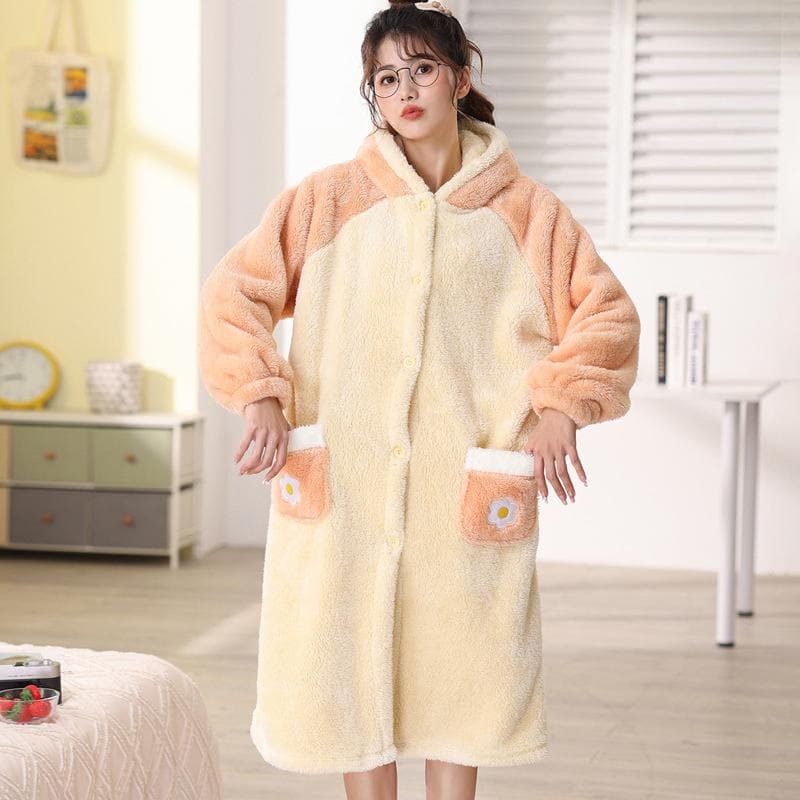Women's Coral Velvet Nightgowns Winter Long Robes Thicken Plush Pajama Kimono Flannel Sleepwear Warm Pijama Pants Home Clothing XL yellow