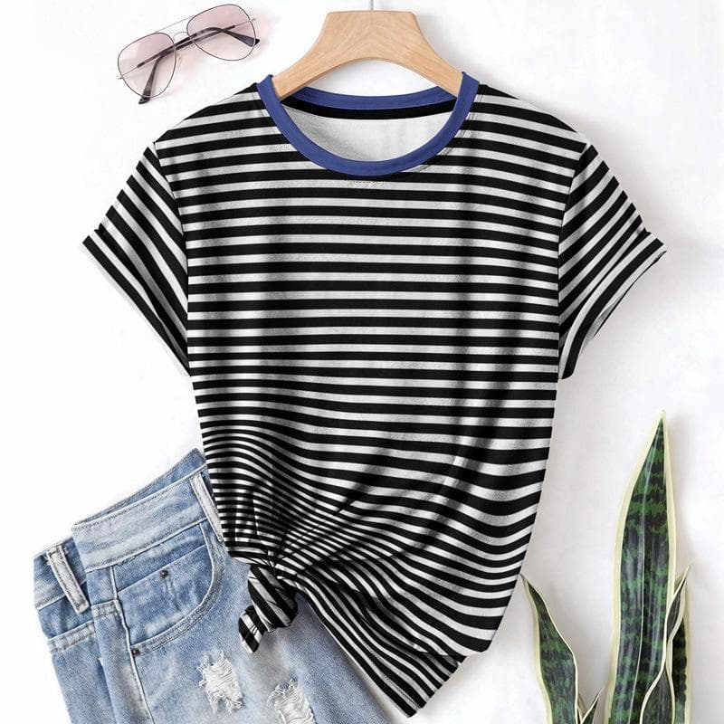 Striped Casual Sports Women's T-shirt Summer Round Neck Short Sleeved Element Pattern Checkered Loose Fit T-shirts L