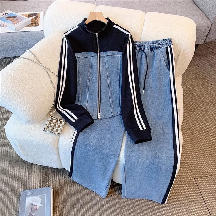Women Preppy Style Patchwork Contrast Denim Sets Stand Collar Zipper Jackets Coats Elastic Jeans 2 Piece Suit Streetwear Comfort XXL black