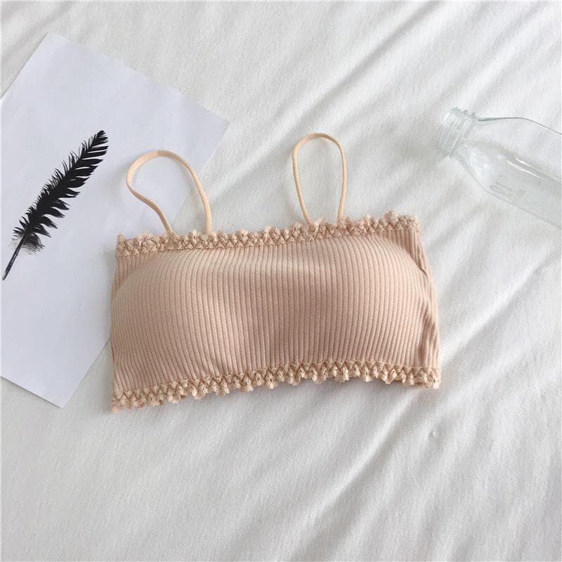 Women's Cotton Bra Tube Top Sexy Thread Female Suspender Underwear Beautiful Lace Tank Tops Seamless Comfort Sports Bandeau Top One Size beige