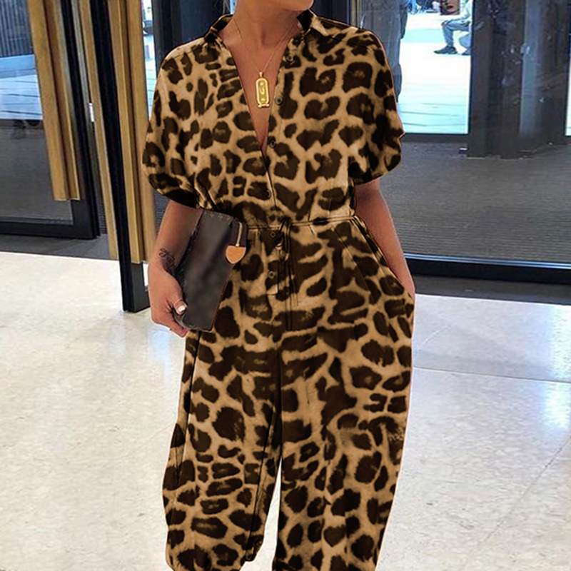 New Leopard Print Jumpsuit Women Retro Women Short Sleeve Button Casual Pants Loose Large Size M