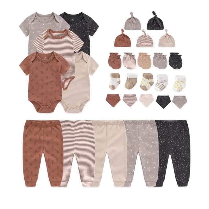 Kiddiezoom 30PCS Newborn clothing set Short sleeve jumpsuit + trousers + hat + bib + gloves + socks Infant Boy Girl top mittens Full Moon Gift Pack 3-6Months